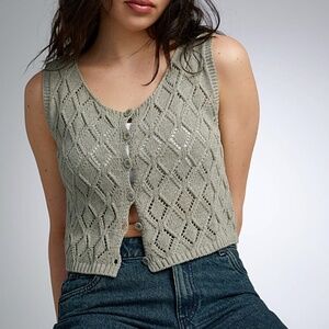 Khaki green crochet openwork diamond knit sweater vest top made in Italy NWT